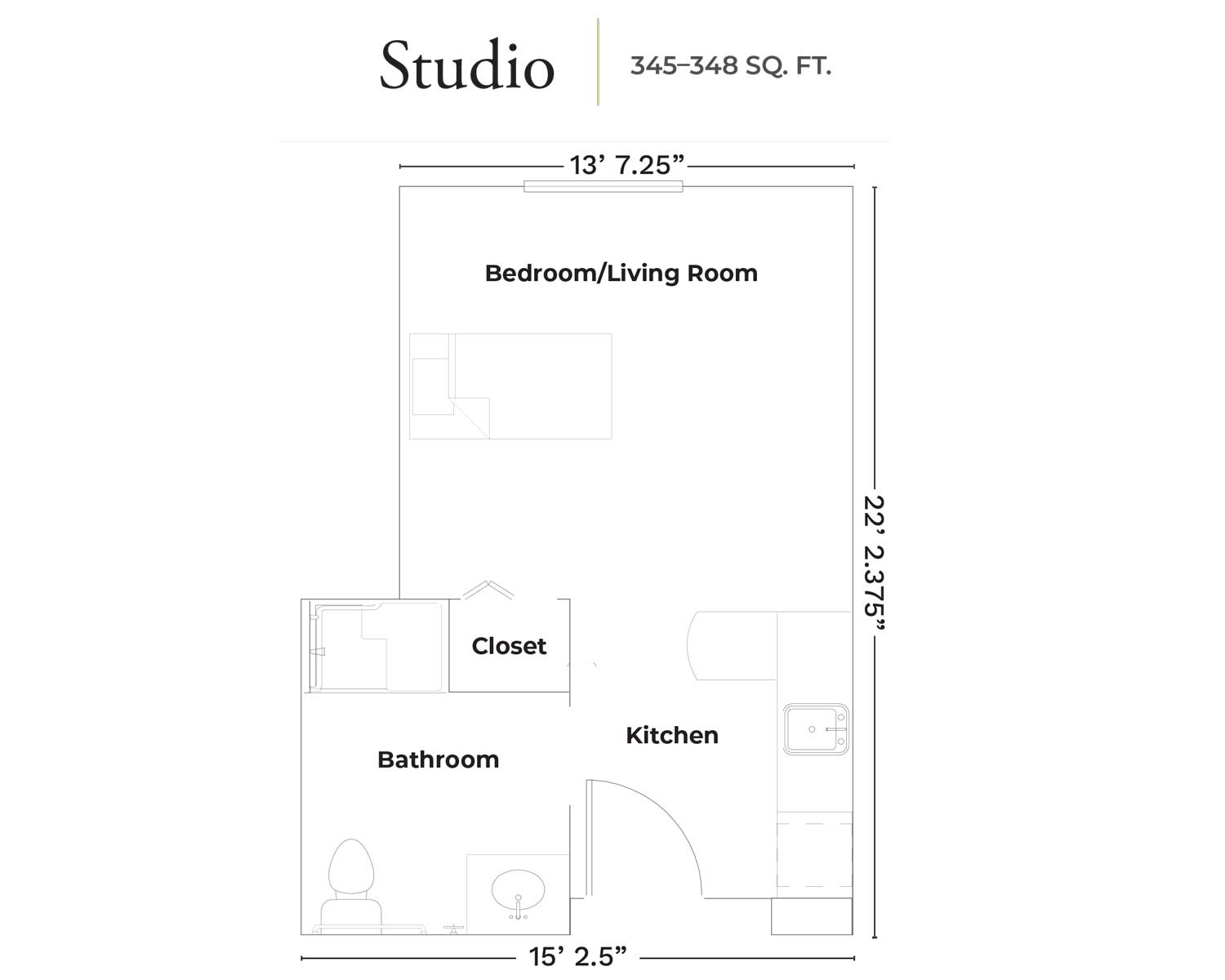 Detailed floor plan of a studio apartment with labeled kitchen, bathroom, closet, and bedroom areas.