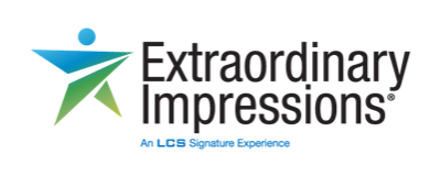 Logo of Extraordinary Impressions with a blue and green stylized figure and text in black.