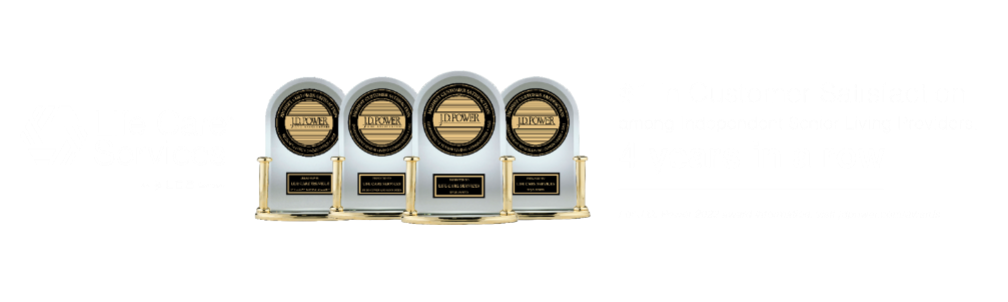 J.D. Power award trophies with Life Care Services logo and #1 in Customer Satisfaction 4 years text.