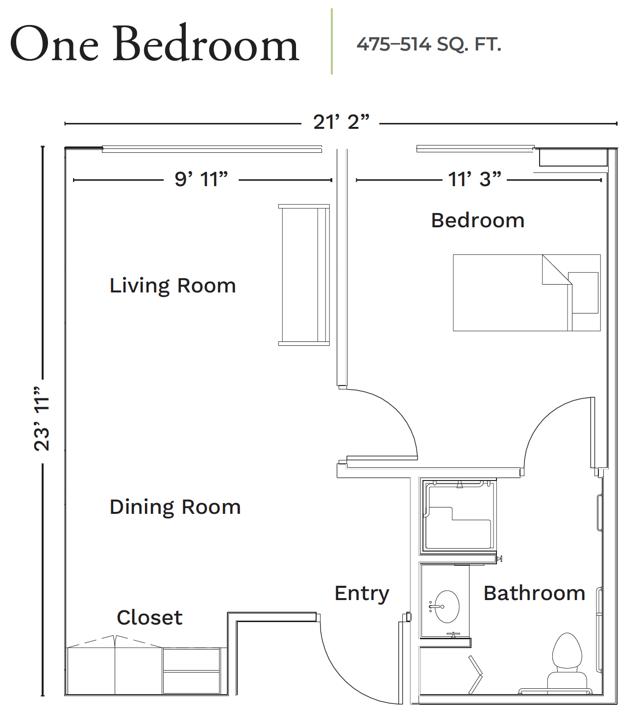 One-bedroom apartment floor plan showing living room, dining room, bedroom, bathroom, and closet