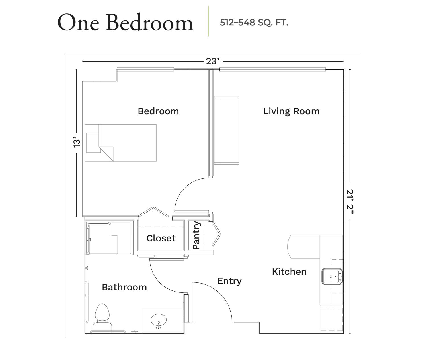 One-bedroom apartment floor plan with dimensions and 512-548 square feet area.