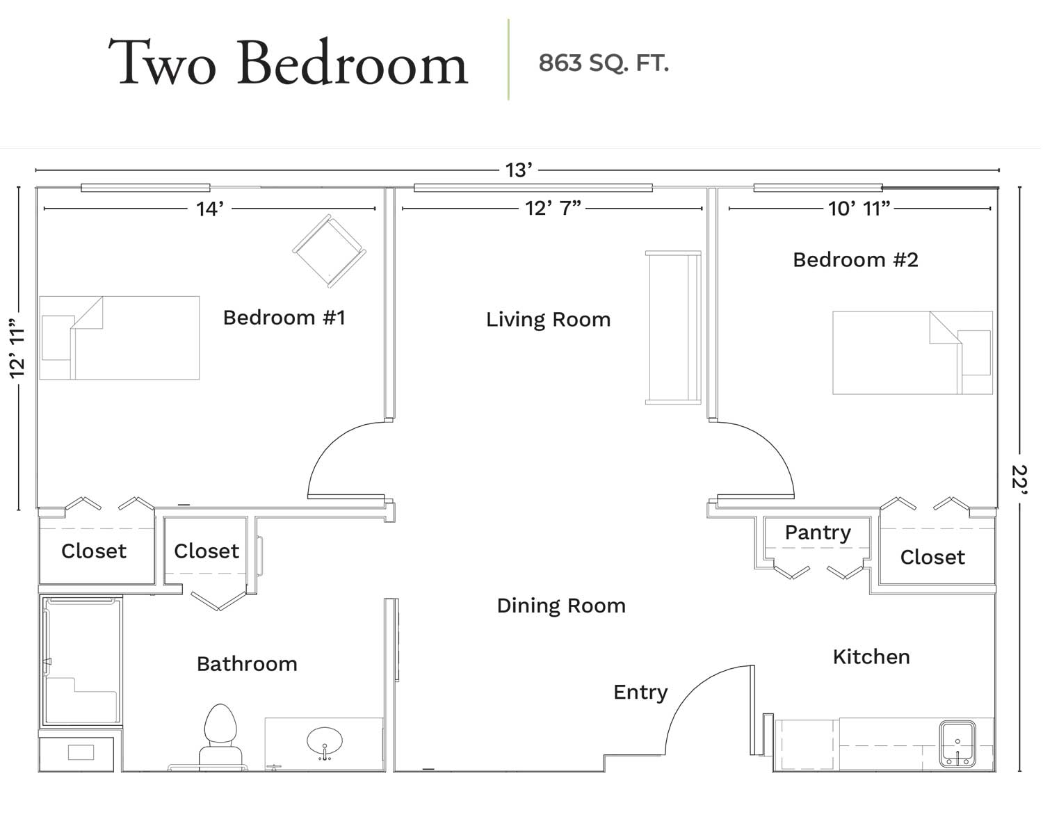 Two-bedroom apartment floor plan featuring living room, kitchen, dining room, and bathroom.